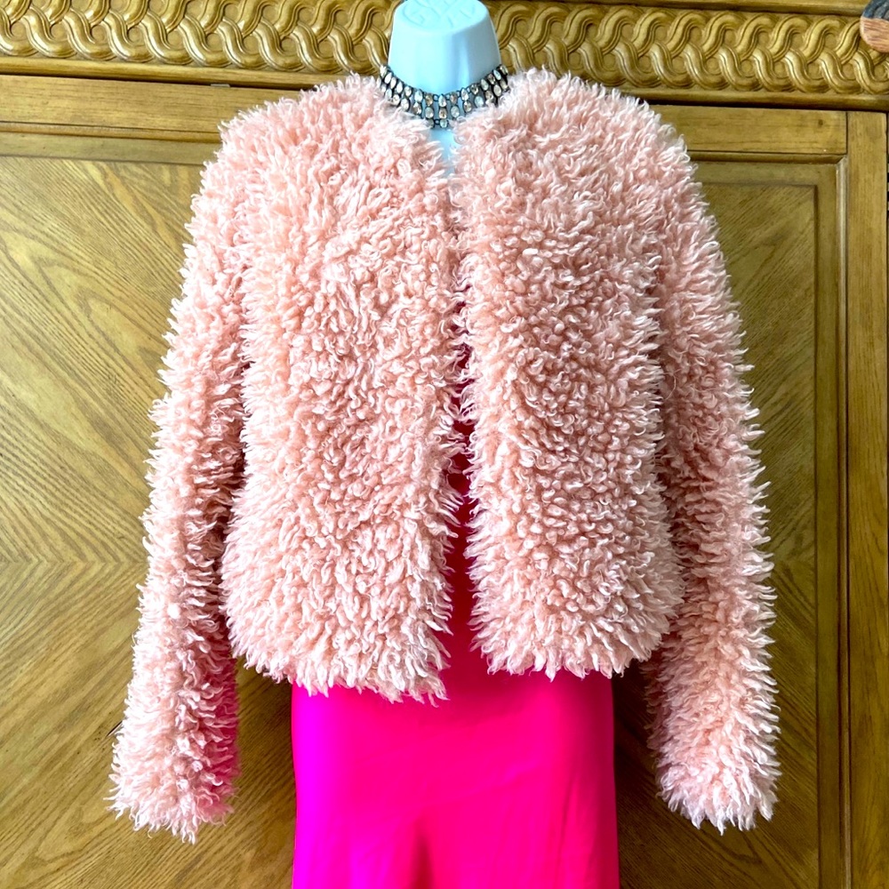 Pink Teddy Bear Fuzzy Collarless Jacket